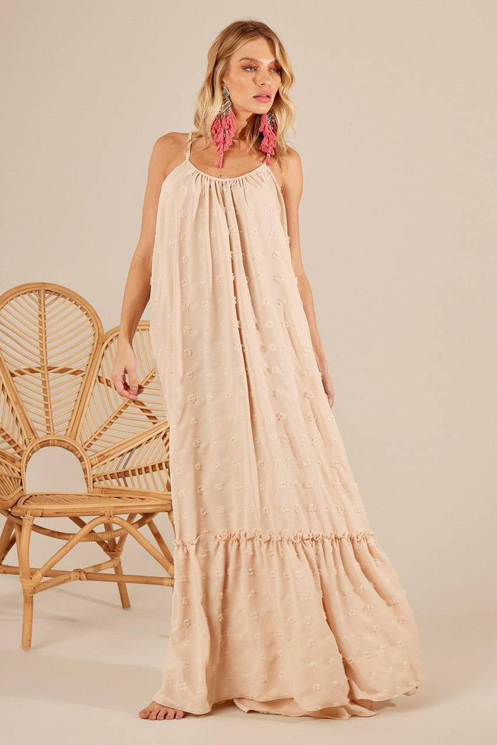 Yacamim Beige Textured Long Dress with Straps