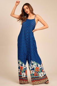 Yacamim O6 Blue and Black Geometric Print Jumpsuit with Pockets