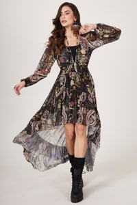 Yacamim E5 Black Tulle Mullet Dress with Paisley Print