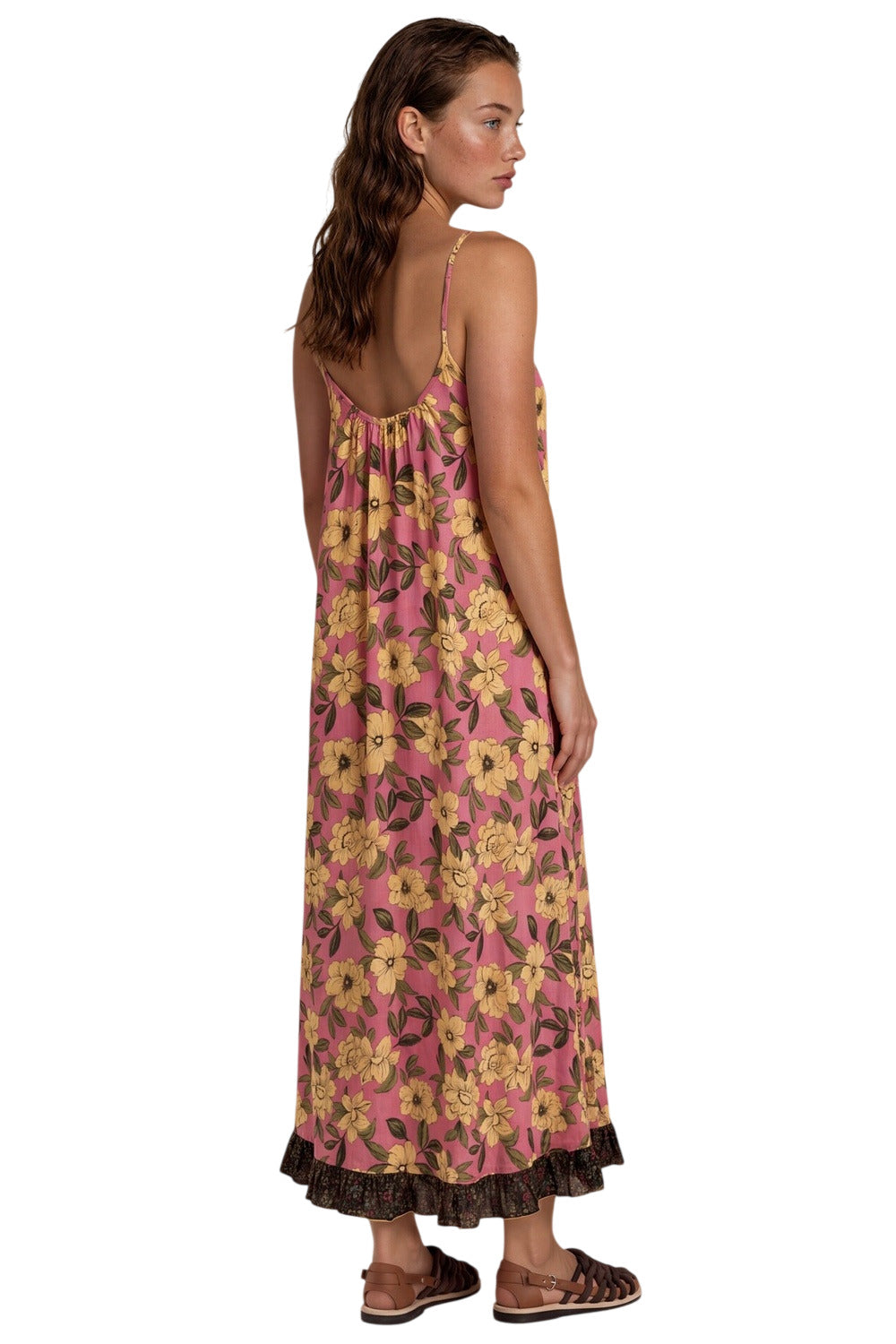 Vestido Midi Amplo Alças Reguláveis Goiaba Floral Patchwork Yacamim C16
