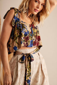 Cropped Com Alças De Amarrar Marrom Estampado Yacamim