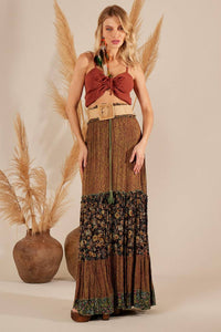 Women's Long Skirt With Shirred Waistband Dark Green Patchwork Yacamim G2