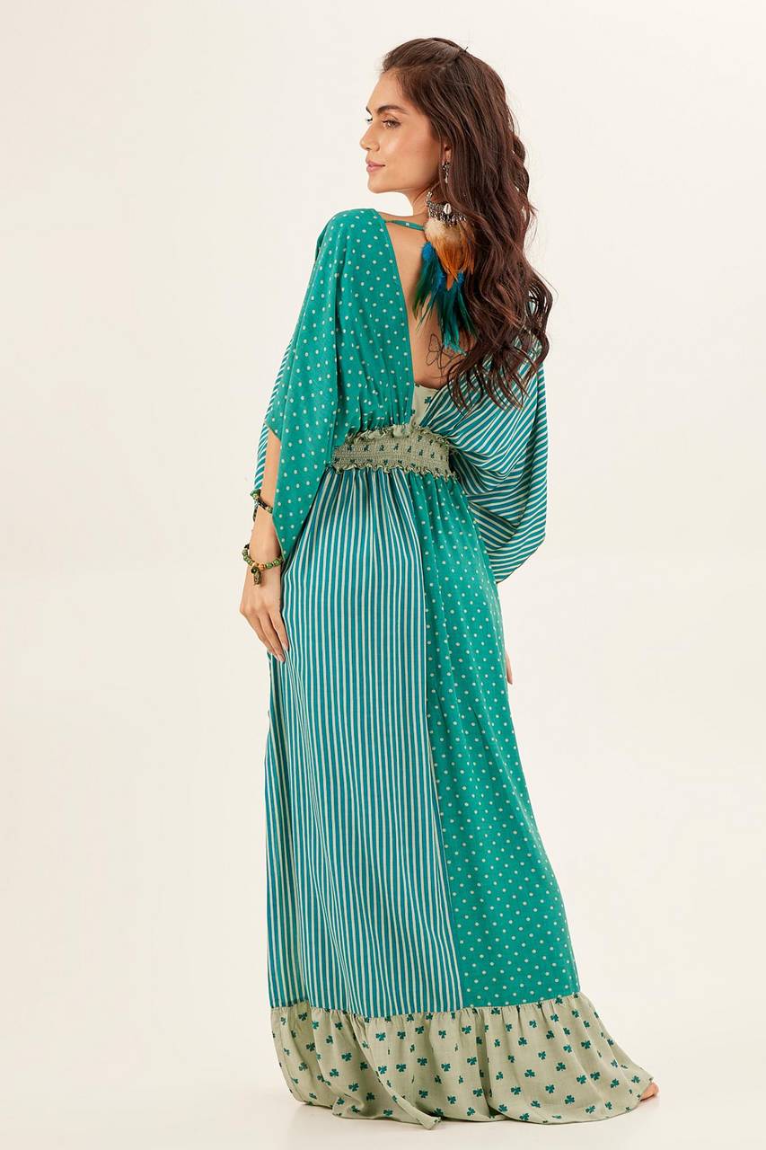 Yacamim Patchwork Green Off-the-Shoulder V-Neck Maxi Dress