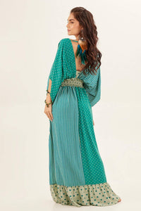 Yacamim Patchwork Green Off-the-Shoulder V-Neck Maxi Dress