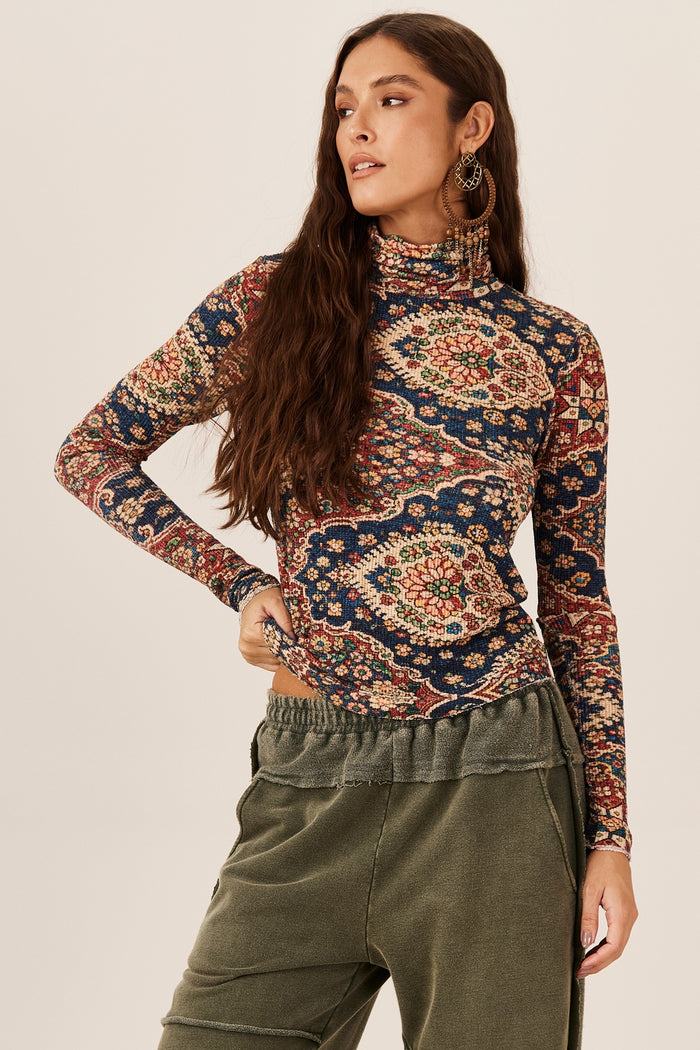 Yacamim Blue Printed Turtleneck Blouse B6