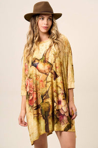 Wide Beige Tunic with Hummingbird Print Yacamim B16