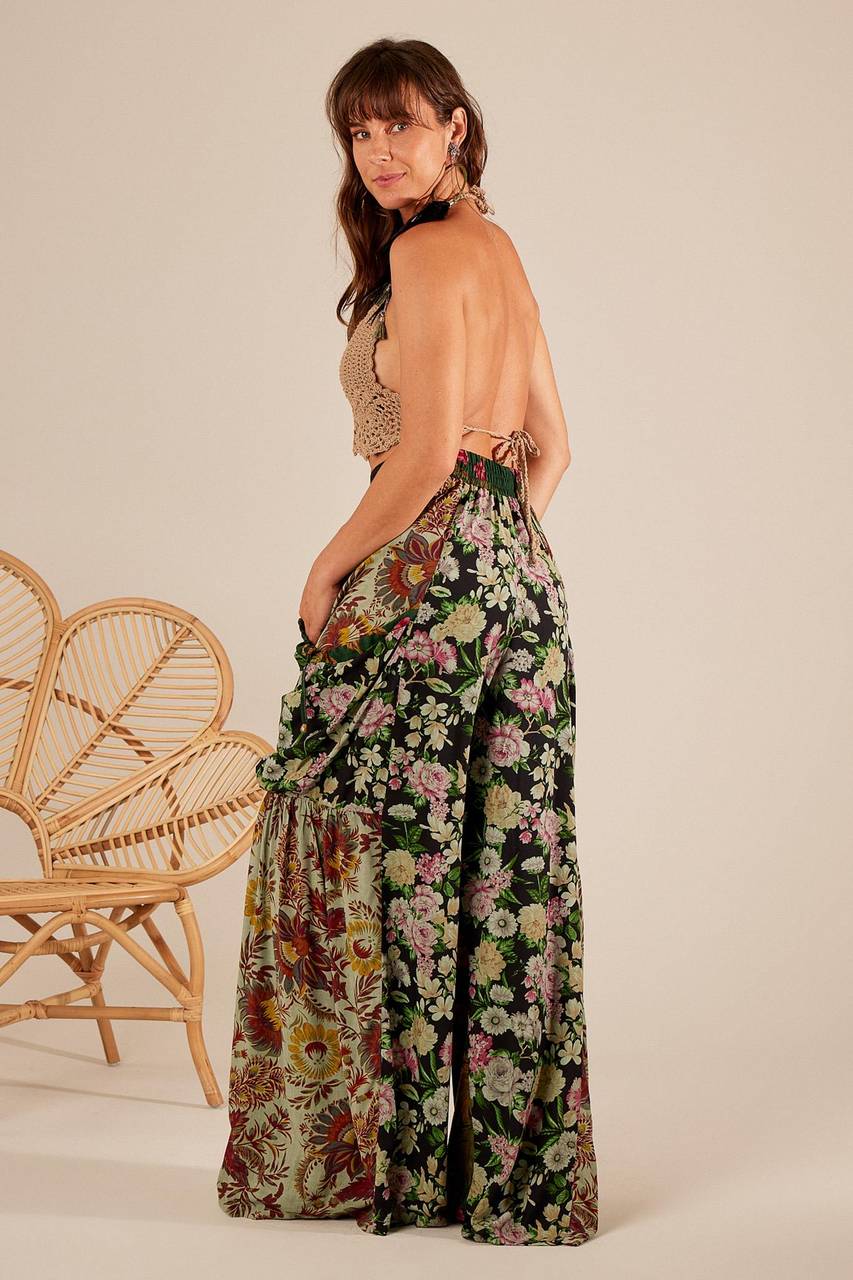Dark Green High-Waisted Patchwork Palazzo Pants Yacamim