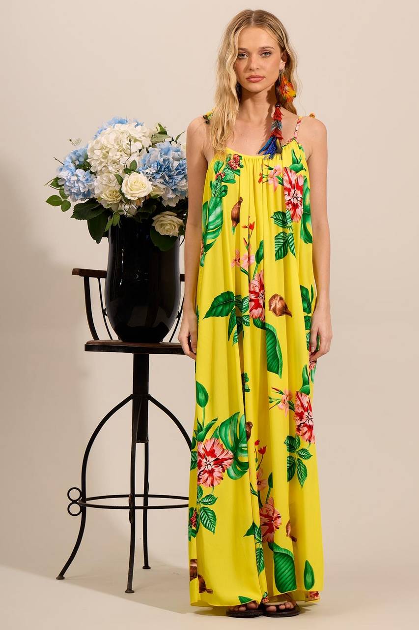 Yacamim D3 Yellow Printed Long Dress with Tie Straps