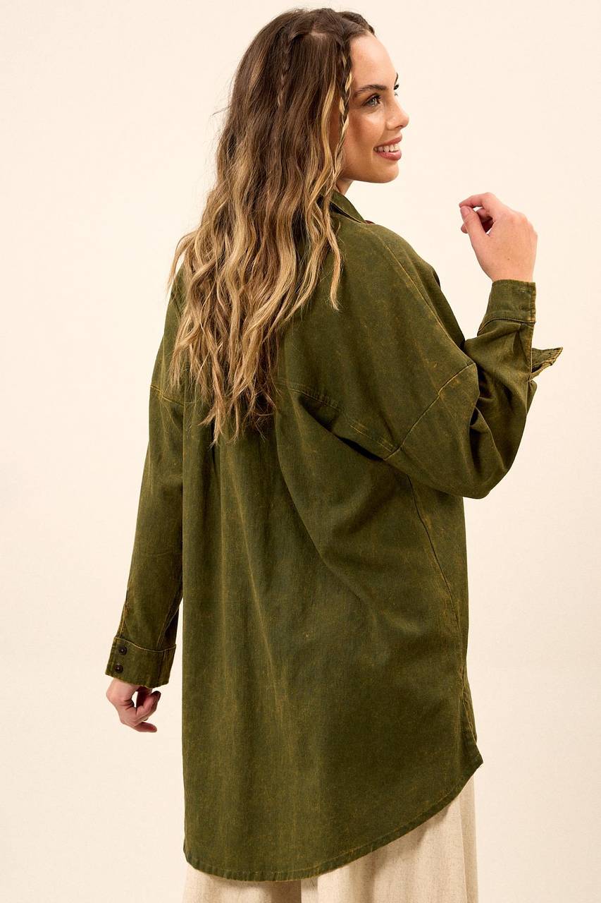 Yacamim A4 Green Stonewashed Extended Viscose Linen Loose Shirt