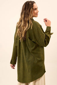 Yacamim A4 Green Stonewashed Extended Viscose Linen Loose Shirt