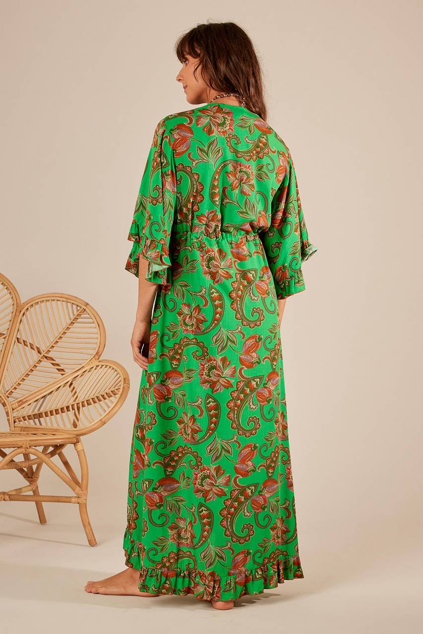 Mullet Dress With Wide 3/4 Sleeves Printed Green Yacamim