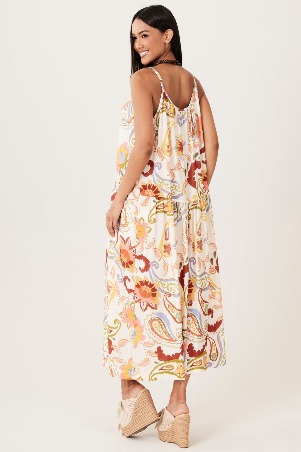 Yacamim D16 Beige Paisley Print Strappy Midi Dress