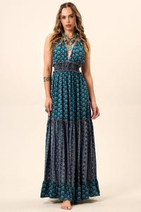 Yacamim C19 Blue Patchwork Long Dress with Shirred Halter Neckline