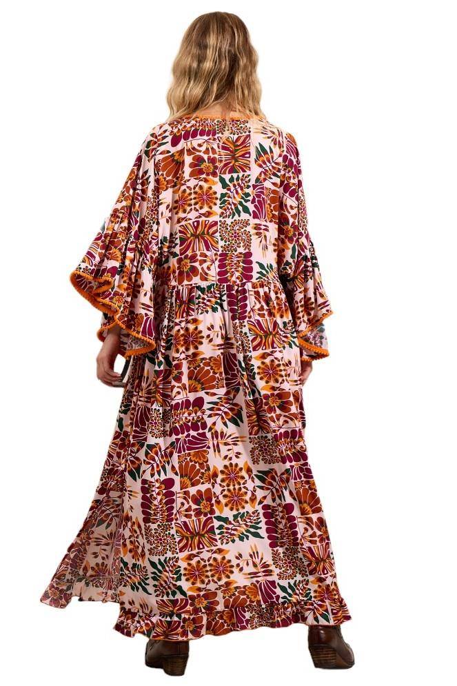 Yacamim Printed Beige and Burgundy Long Dress with Flare Sleeves