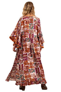 Yacamim Printed Beige and Burgundy Long Dress with Flare Sleeves