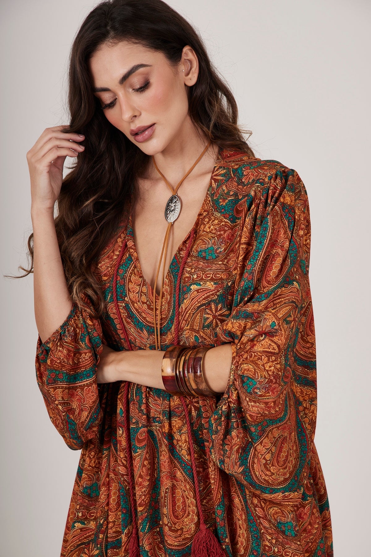 Brown Long Dress Cashmere Print Yacamim D11