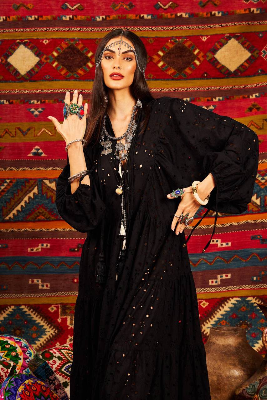 Yacamim Black V-Neck Broderie Long Dress with Puffed Sleeves
