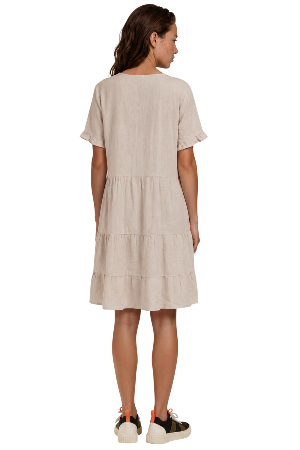 Vestido Curto Viscolinho Com Babados Bege Nature Yacamim C7