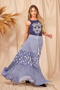 High Waisted Ruffle Patchwork Skirt Blue Yacamim