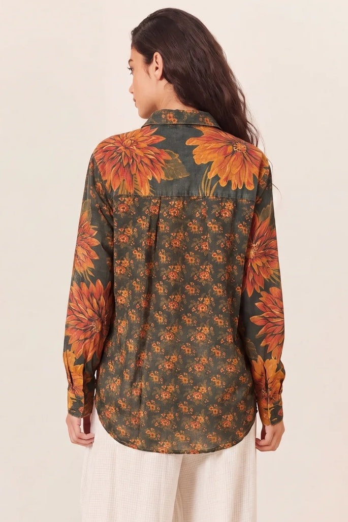 Camisa Tiradentes Com Flores Bordadas Laranja E Verde Estampado Yacamim R1