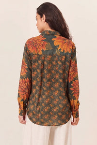 Camisa Tiradentes Com Flores Bordadas Laranja E Verde Estampado Yacamim R1