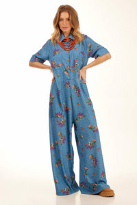 Yacamim Blue Printed Polyester Palazzo Jumpsuit with Short Sleeves