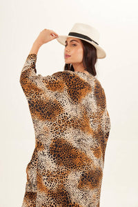 Yacamim Animal Print 3/8 Sleeve Midi Dress
