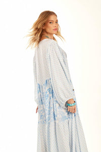 Light Blue V-Neck Patchwork Long Chemise Dress Yacamim