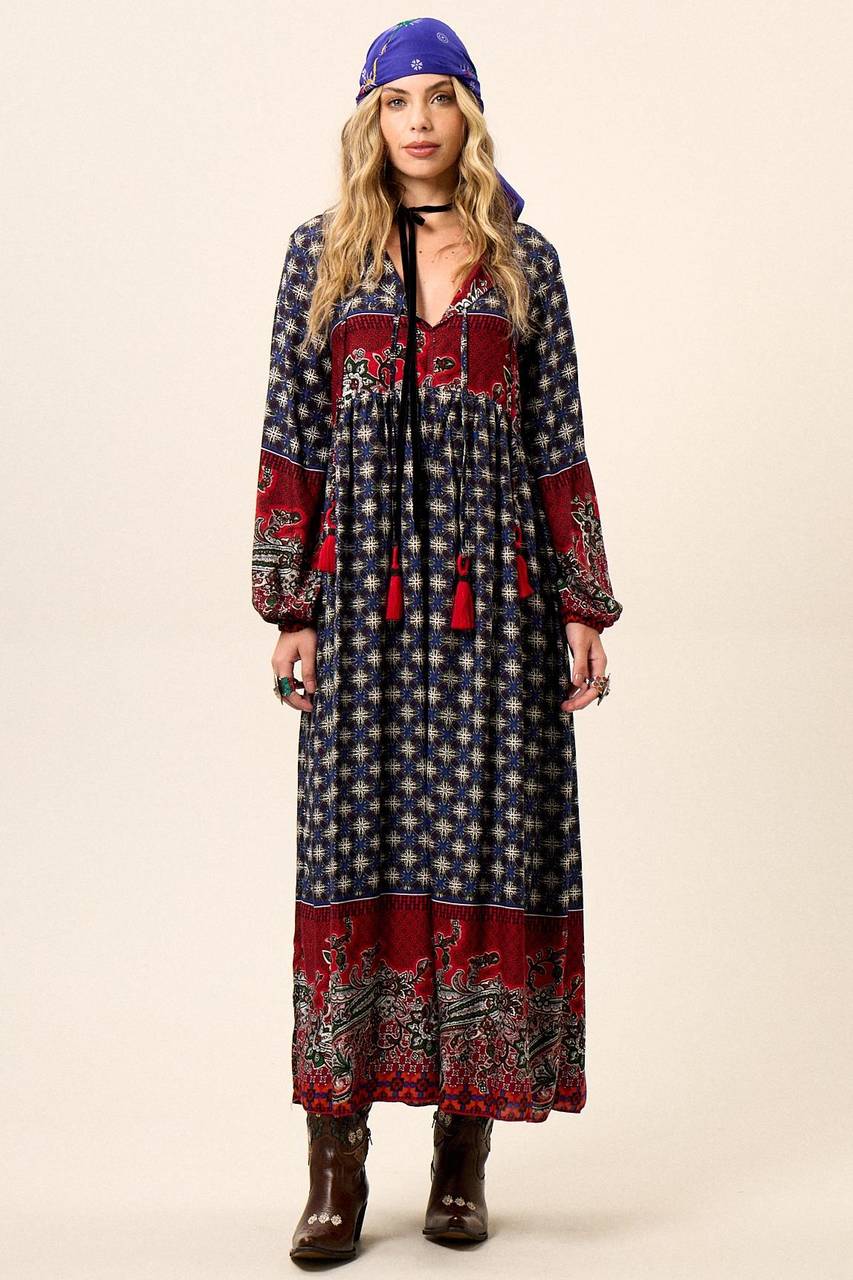 Long Blue and Red Printed Yacamim Dress with Puff Long Sleeves