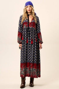 Long Blue and Red Printed Yacamim Dress with Puff Long Sleeves