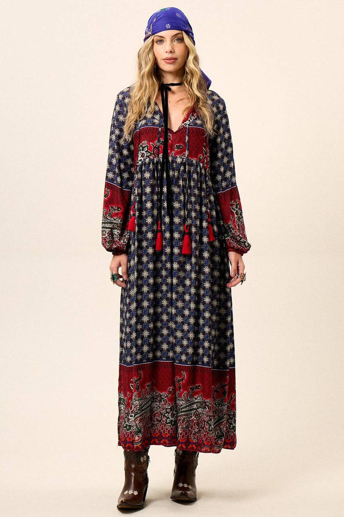 Long Blue and Red Printed Yacamim Dress with Puff Long Sleeves