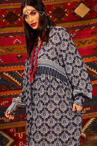 Yacamim Blue Printed Long Shirt with Puffy Long Sleeves