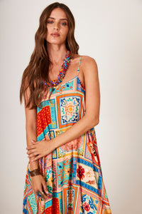 Yacamim C3 Geometric Print Gathered Midi Dress with Straps