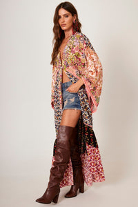 Kimono Long with Pink Fringes Patchwork Print Yacamim J2