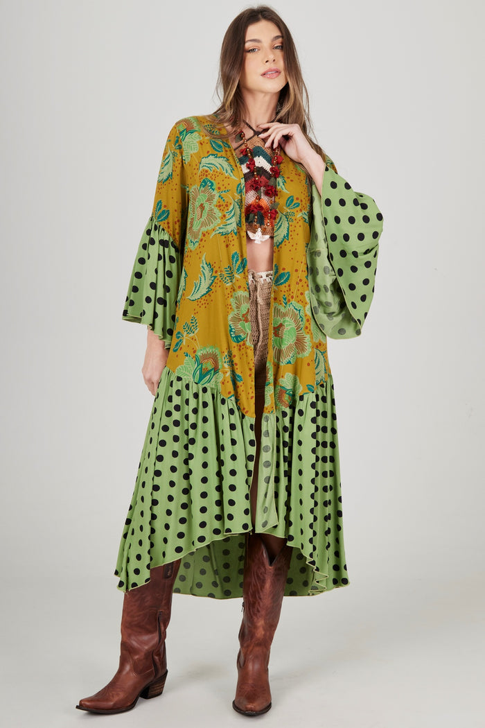 Yacamim Long Green Polka Dot Patchwork Kimono with Flare Sleeves J9