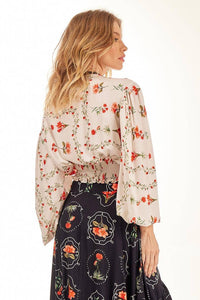 Yacamim Off-White Printed Long Puff Sleeve Wrap Cropped Top
