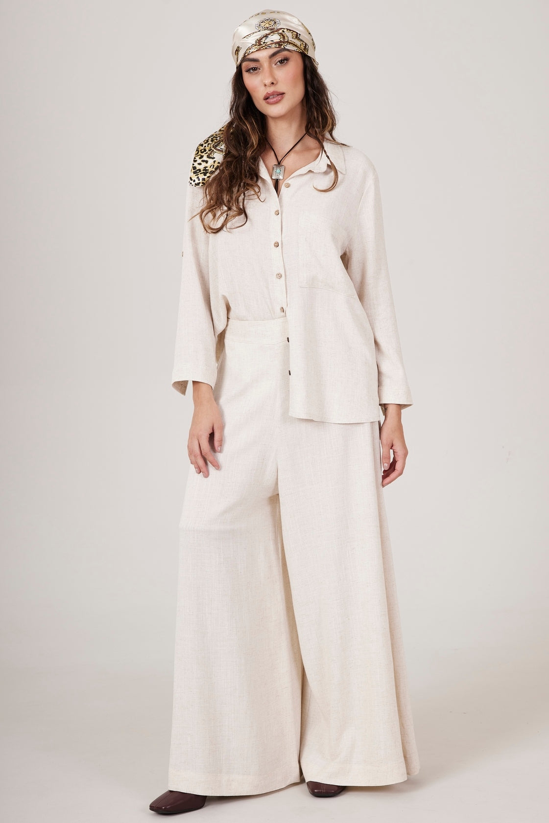 Yacamim A1 Plain Beige Wide-Leg Trousers Without Pockets