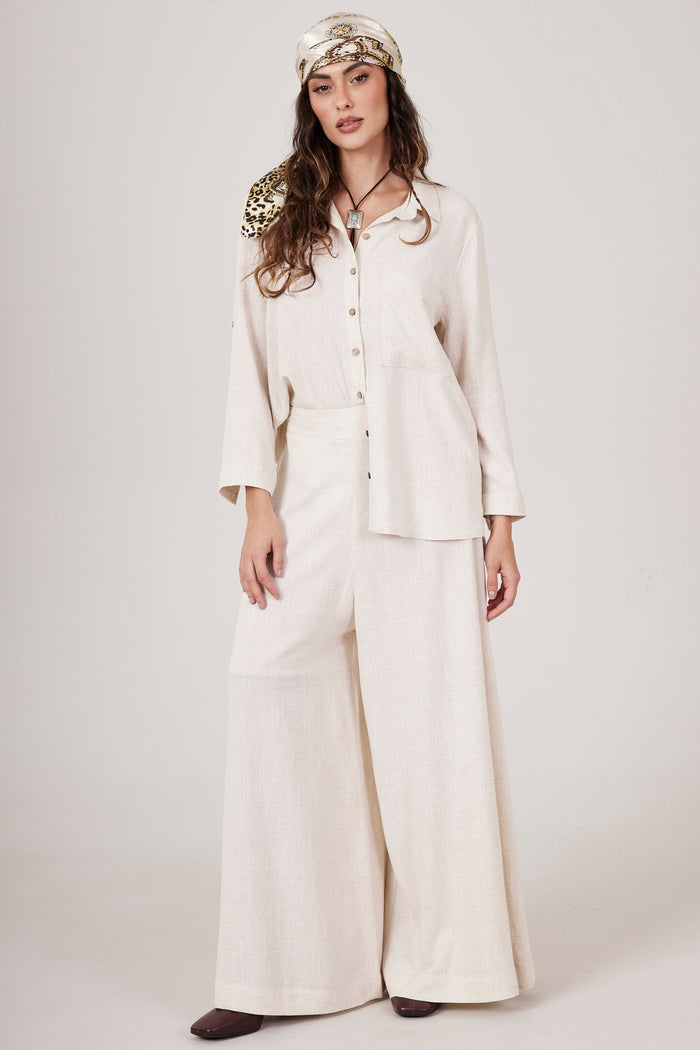 Yacamim A1 Plain Beige Wide-Leg Trousers Without Pockets