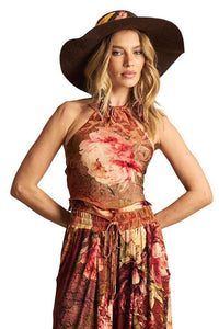 Brown Printed Yacamim I2 Cropped Scarf Top with Back Tie