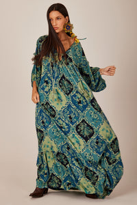 Long Dress with Puffed Sleeves Green Printed Yacamim C11