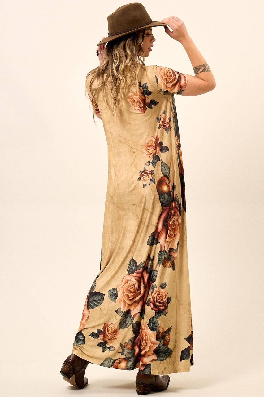 Light Brown Short Sleeve Long Dress Yacamim Guitar Print E15