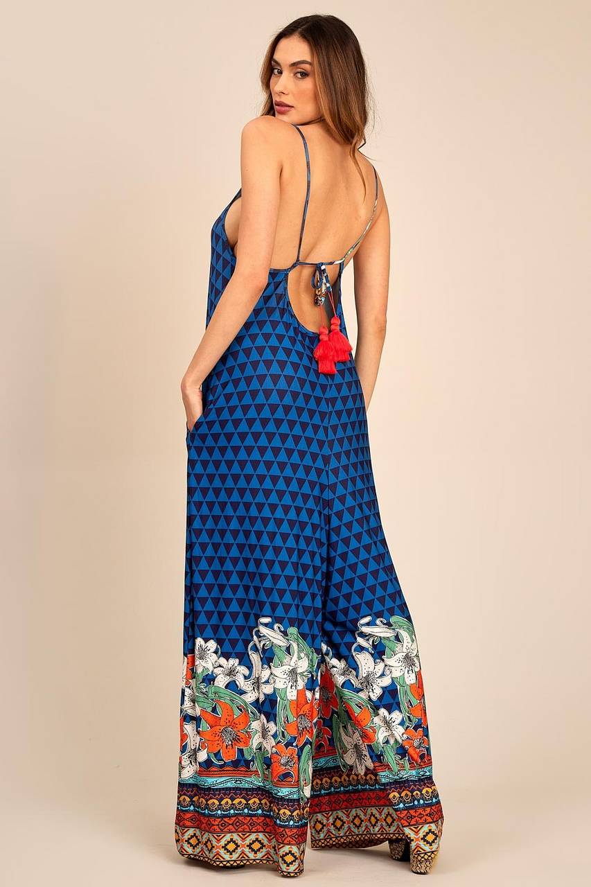 Yacamim O6 Blue and Black Geometric Print Jumpsuit with Pockets