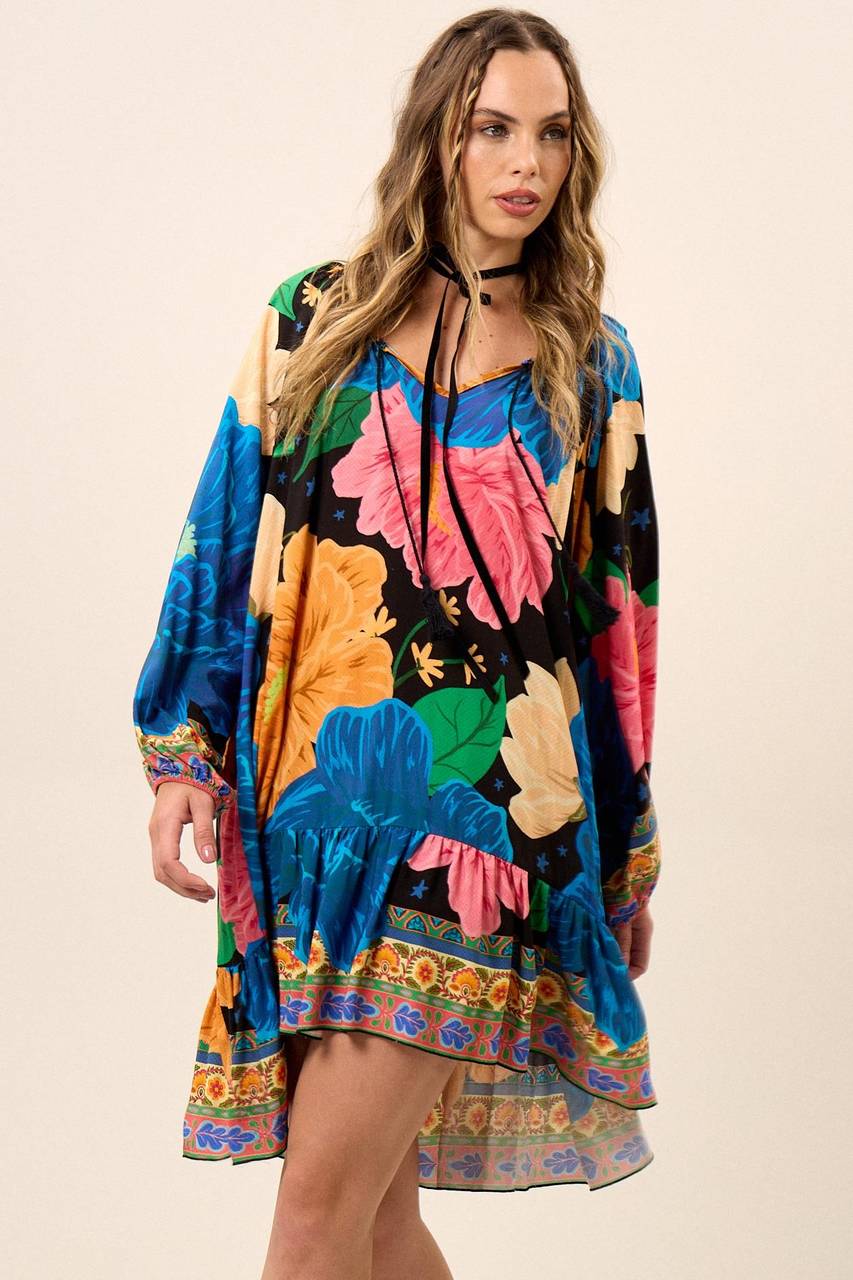 Yacamim Blue Printed Short Dress With Puffy Long Sleeves