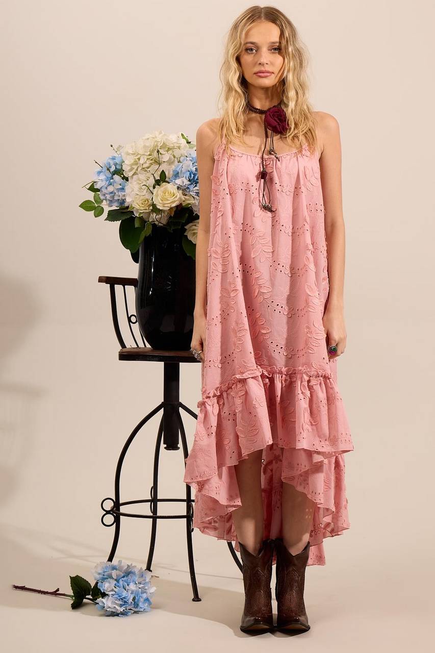 Yacamim Women's Mullet Broderie Dress with Embroidered Flowers Rosé D8