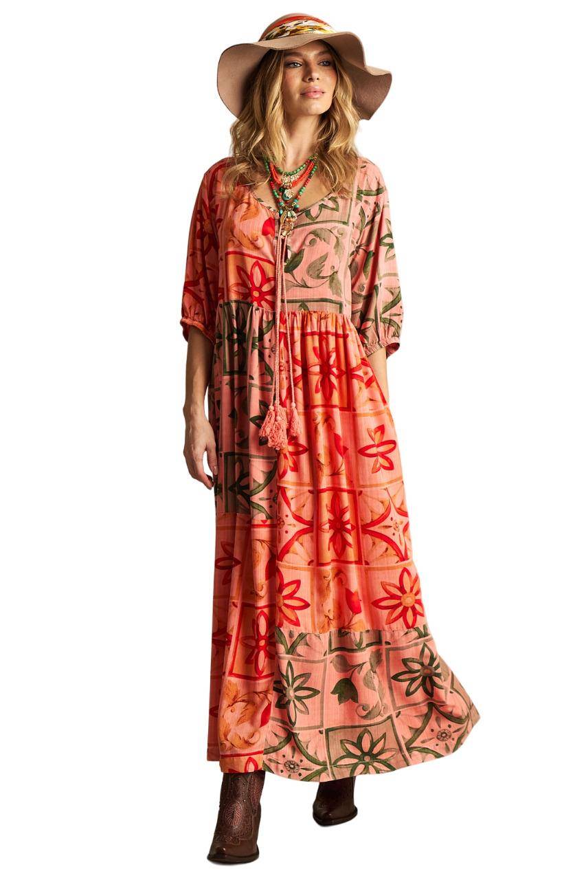 Midi Dress with 3/4 Sleeves Pink Patchwork Yacamim