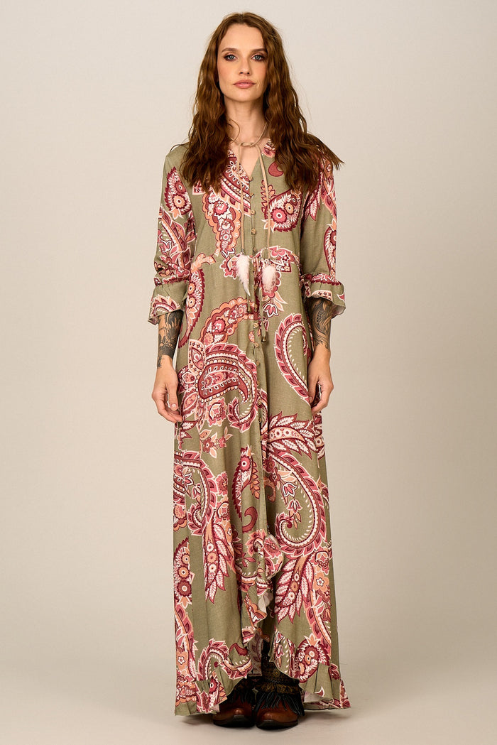 Yacamim D13 Green Paisley Print Long Dress
