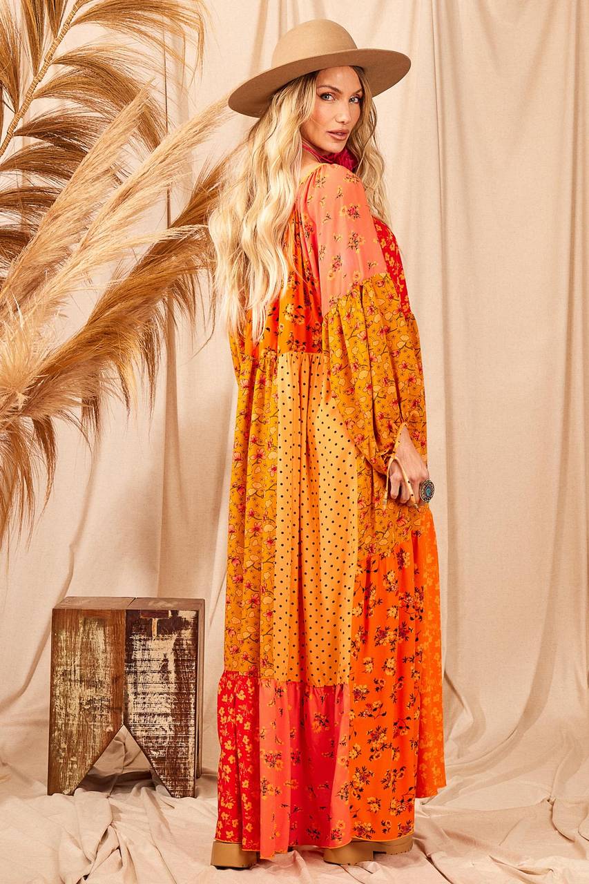 Long Dress With Puffy Long Sleeves Patchwork Yacamim D10