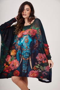 Loose Tunic with Studs Elephant Print Blue Yacamim B30