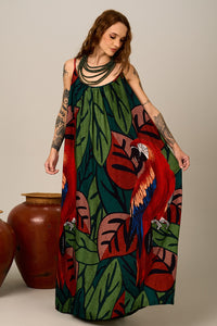Yacamim Long Green Macaw Print Dress C2