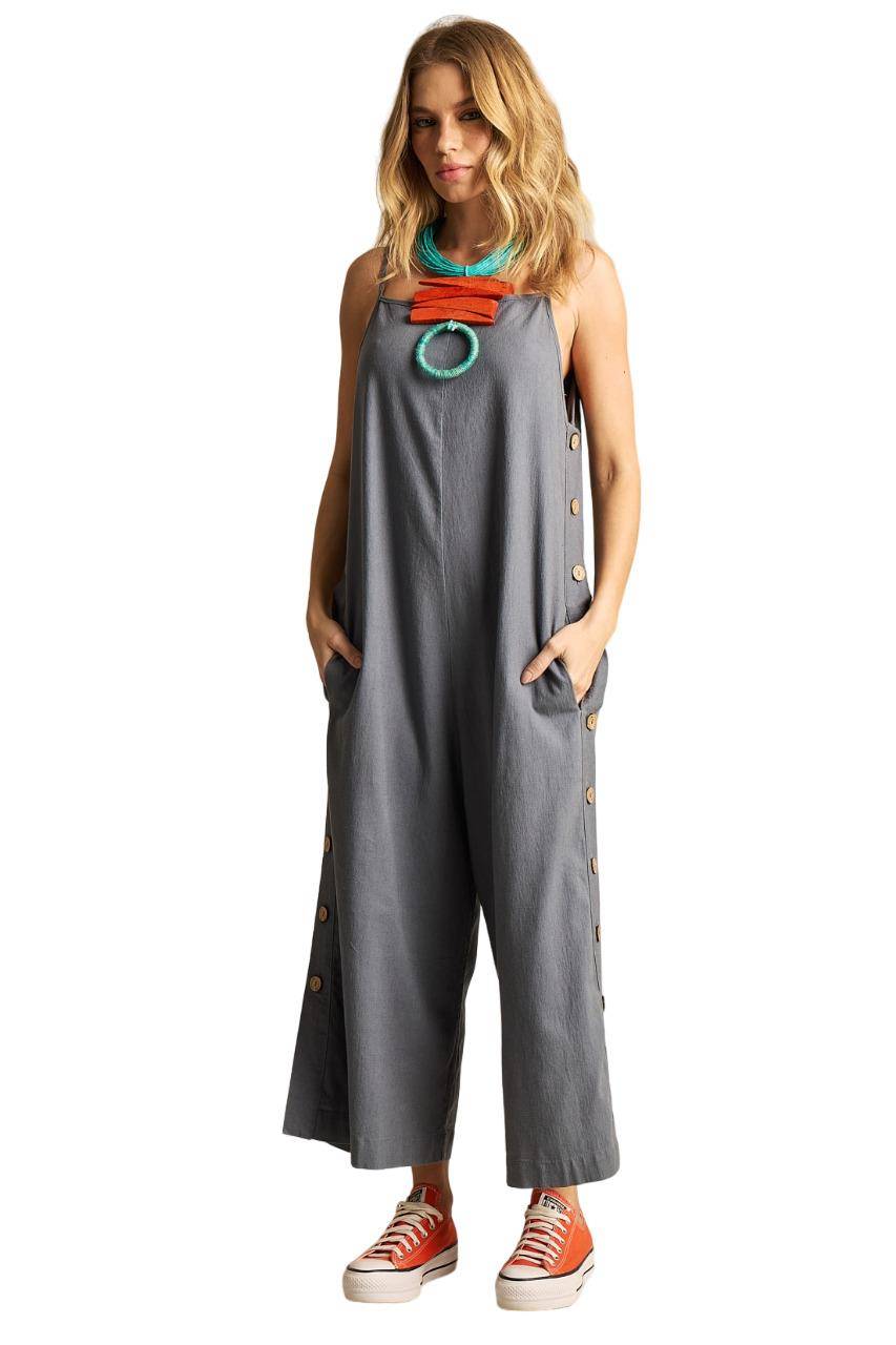 Yacamim Women's Grey Pantacourt Jumpsuit with Adjustable Straps and Side Buttons O2